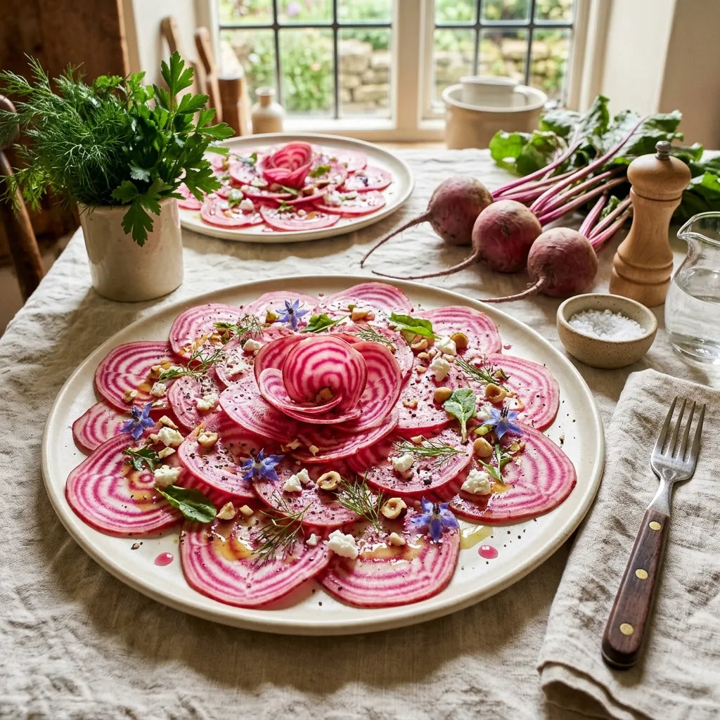 Carpaccio de betterave Chioggia en rosace sur une assiette de céramique — SemiSauvage