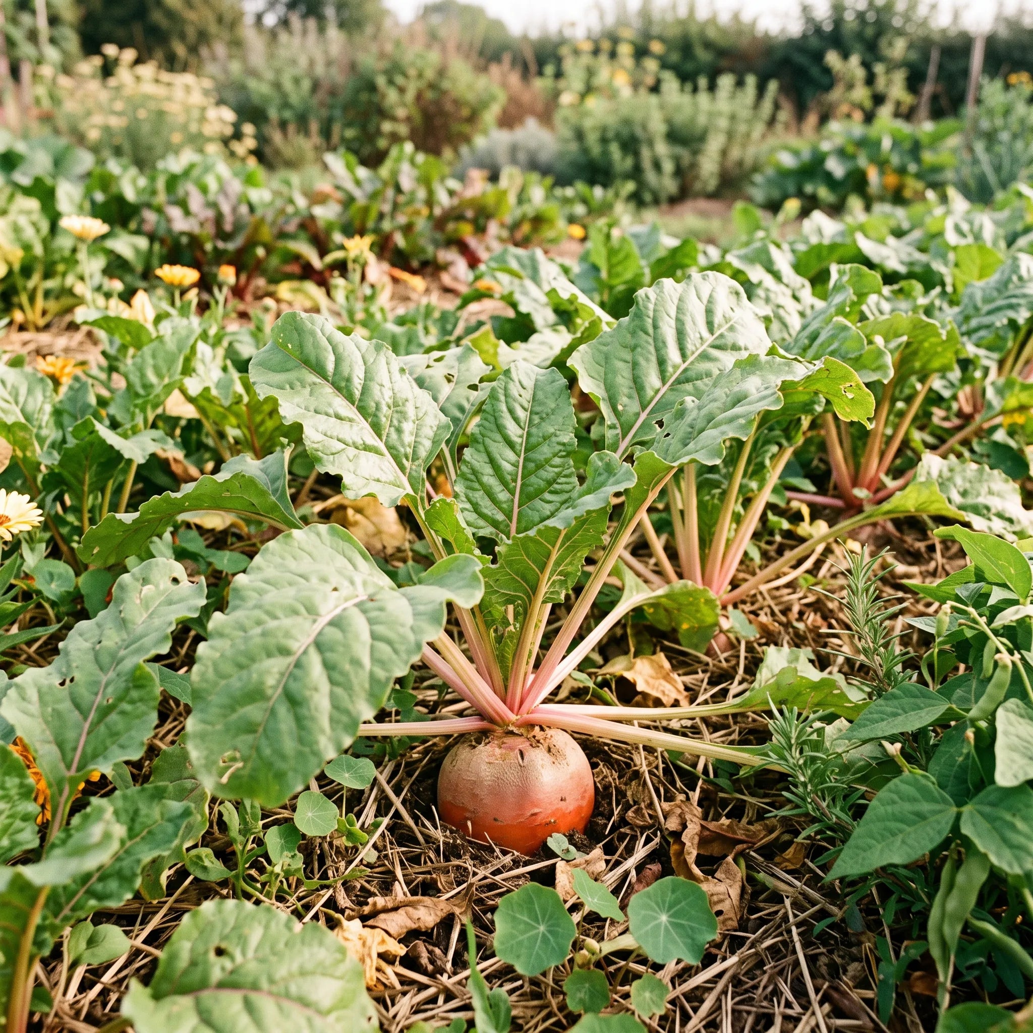 Rang de betteraves Chioggia aux pétioles roses sur sol paillé — SemiSauvage