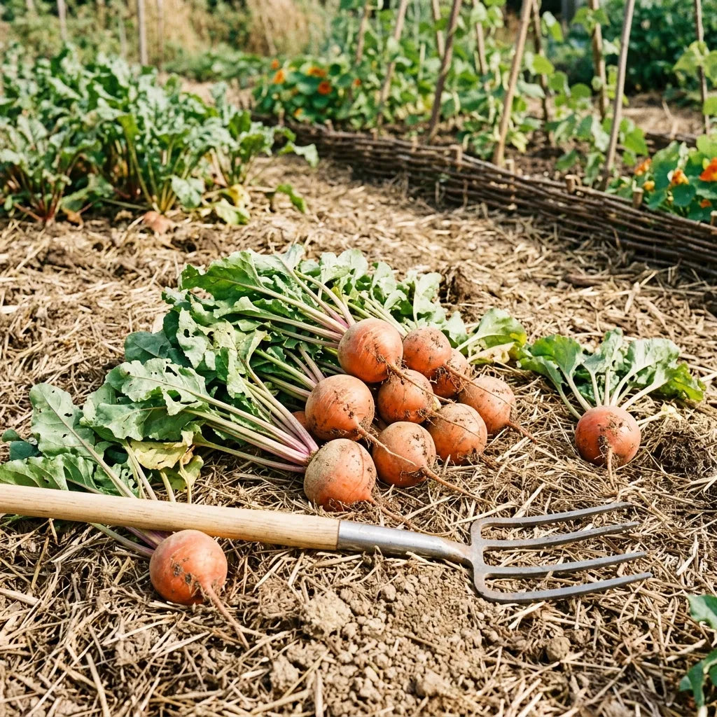 Betteraves Chioggia fraîchement arrachées déposées sur le paillis — SemiSauvage