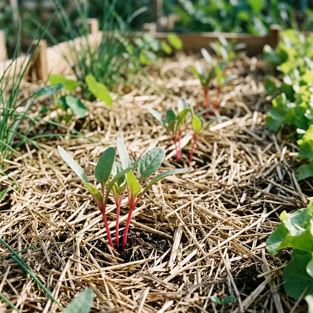 Semis de betterave Chioggia en poquets dans un carré potager paillé — SemiSauvage