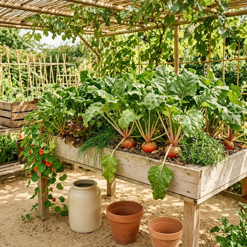 Betteraves Chioggia cultivées en table de culture sous une pergola de bambou — SemiSauvage