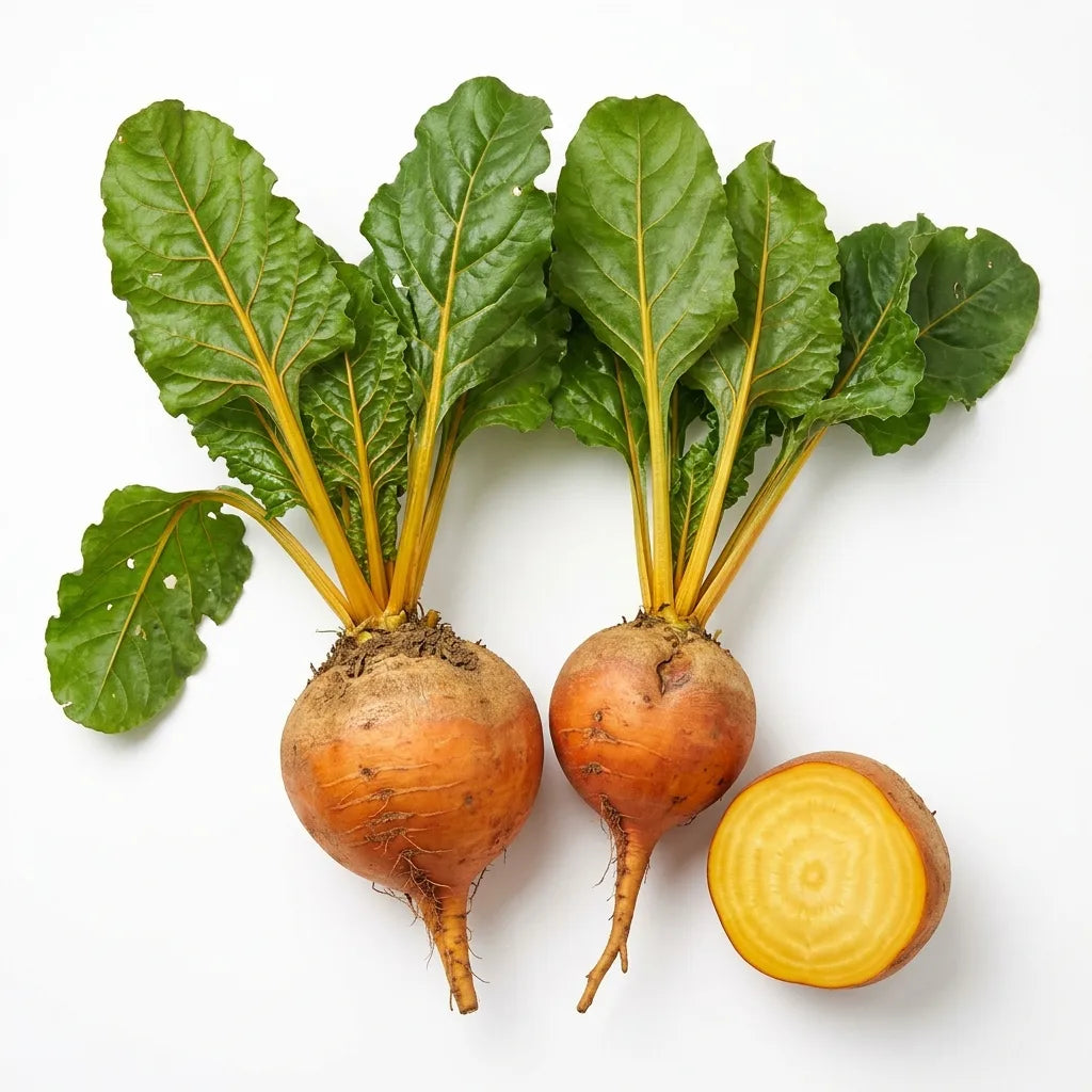 Grosses betteraves jaunes (Beta vulgaris) avec fanes, une coupée, sur fond blanc — SemiSauvage
