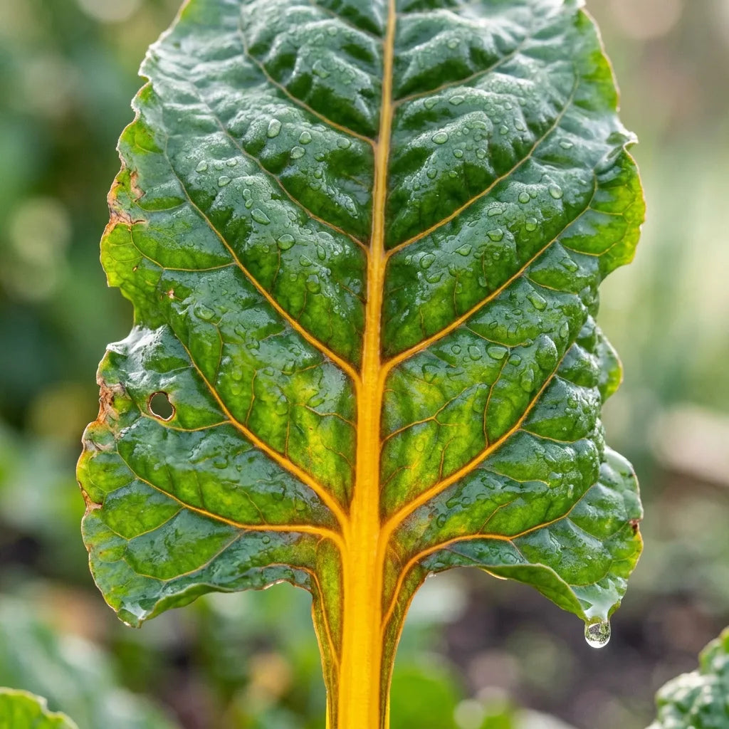 Feuille de betterave jaune (Beta vulgaris) à nervures dorées couverte de rosée — SemiSauvage