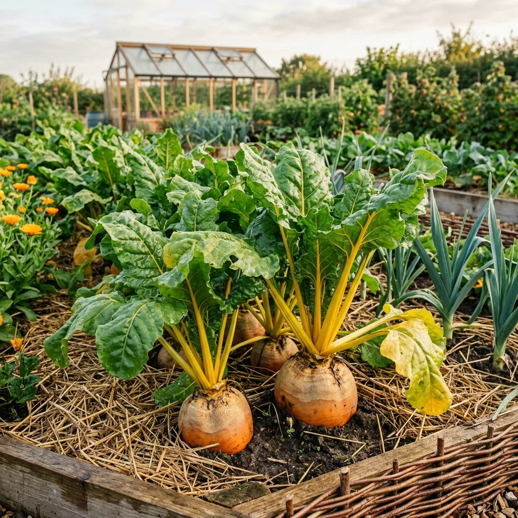 Rang de betteraves jaunes (Beta vulgaris) sur planche paillée en permaculture — SemiSauvage