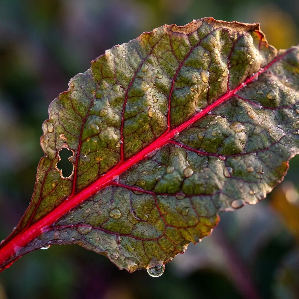 Feuille de betterave rouge (Beta vulgaris) à nervures cramoisies en contre-jour — SemiSauvage