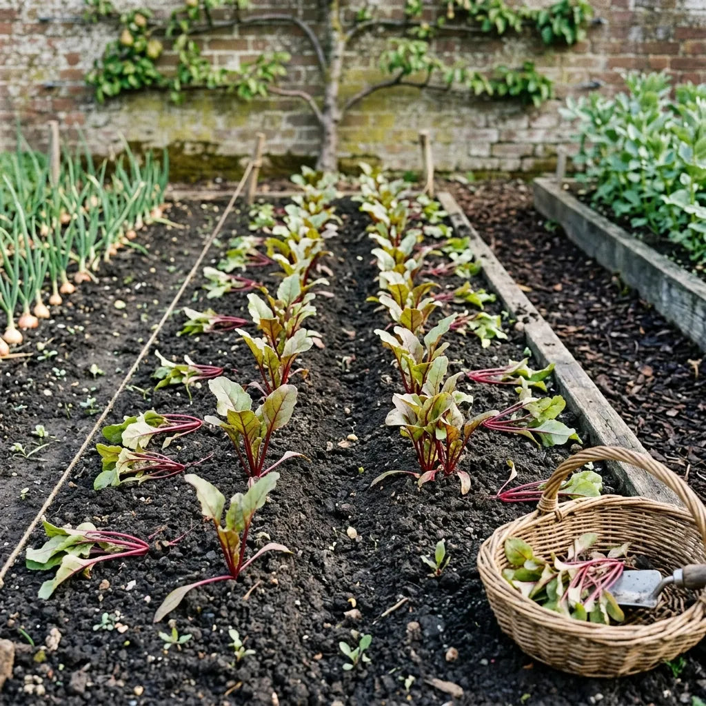 Jeunes semis de betterave rouge (Beta vulgaris) en rang au potager — SemiSauvage