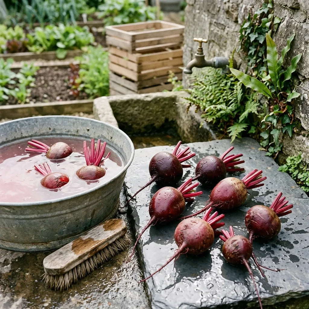 Betteraves rouges (Beta vulgaris) lavées à la fontaine du jardin — SemiSauvage