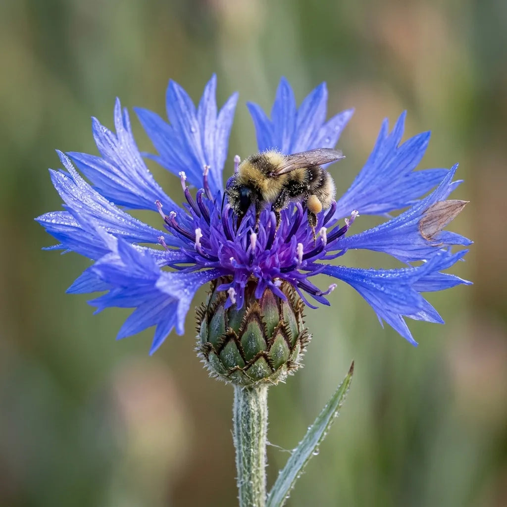 Bourdon butinant une fleur de bleuet (Centaurea cyanus) couverte de rosée — SemiSauvage