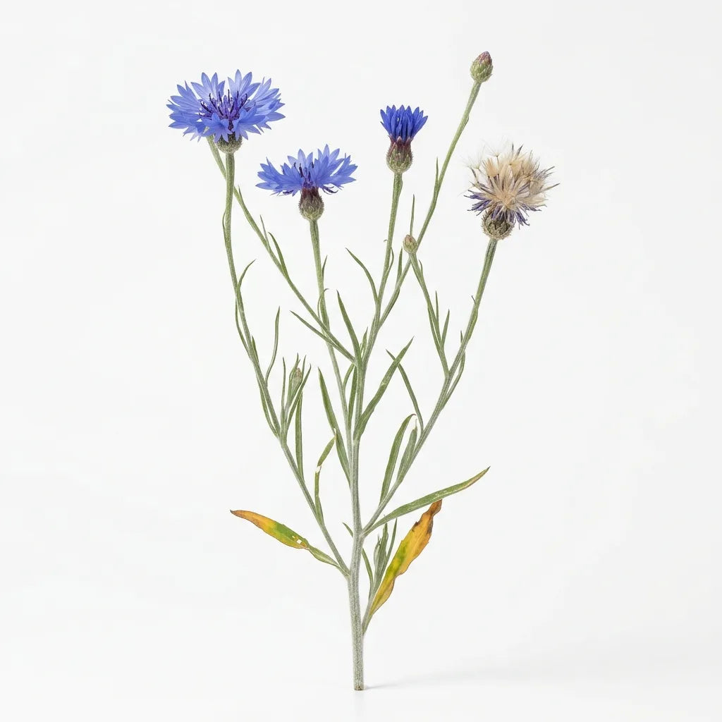 Pied fleuri de bleuet (Centaurea cyanus) sur fond blanc — SemiSauvage