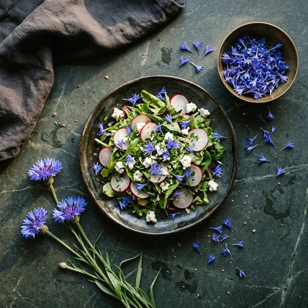 Fleurons comestibles de bleuet (Centaurea cyanus) sur une salade — SemiSauvage