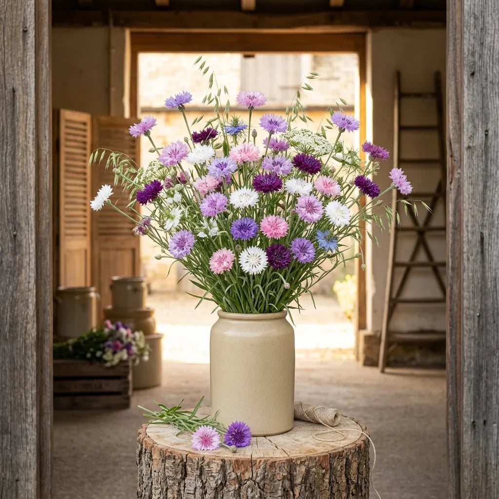 Grand bouquet de bleuets impériaux dans l'embrasure d'une porte de grange — SemiSauvage