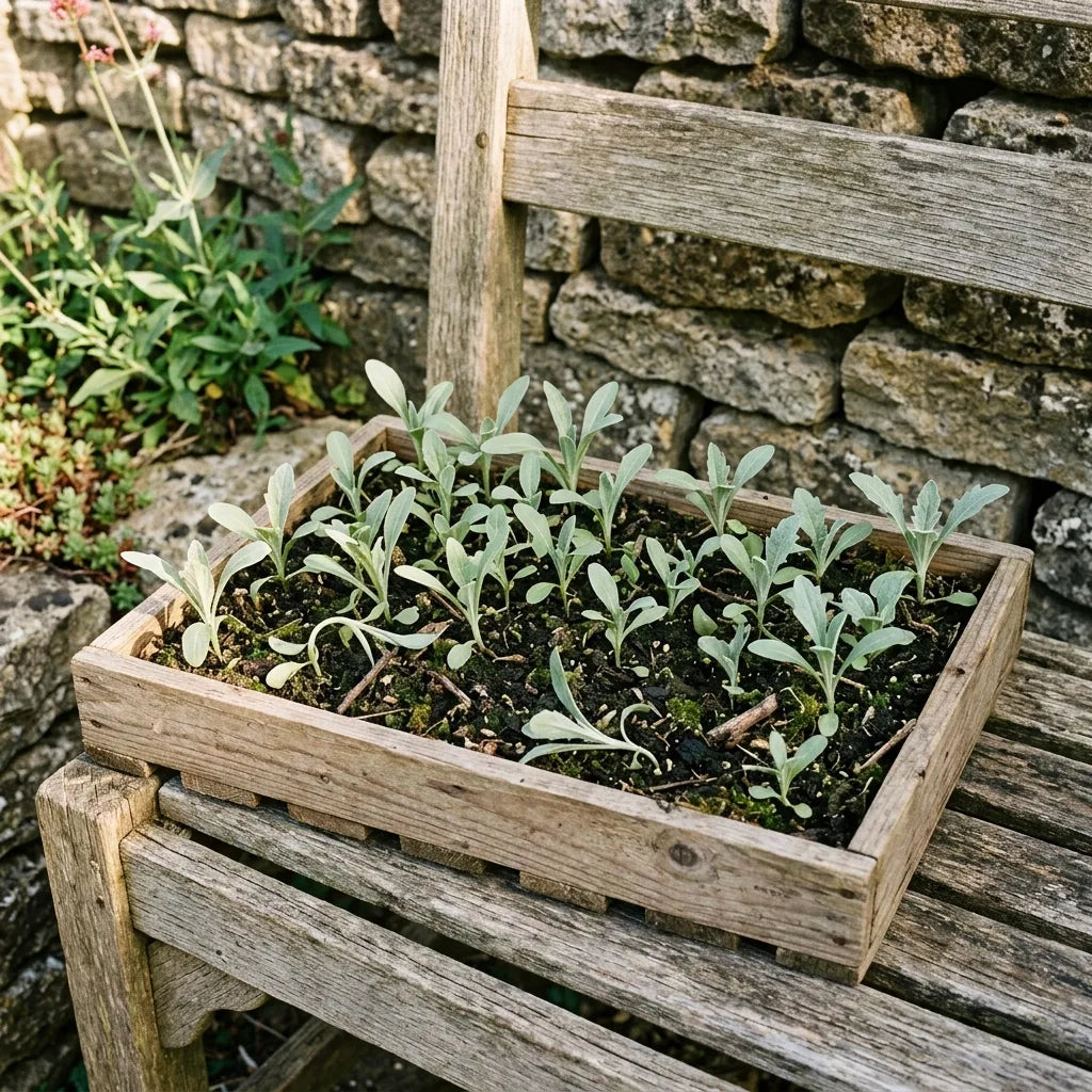 Jeunes plantules de bleuet impérial en caissette sur un banc de bois — SemiSauvage