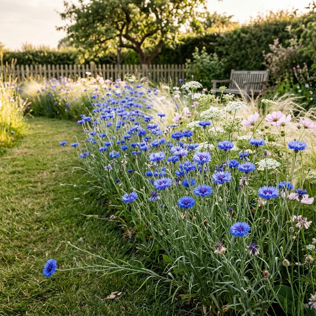 Bleuets (Centaurea cyanus) semés en nappe dans un massif champêtre — SemiSauvage