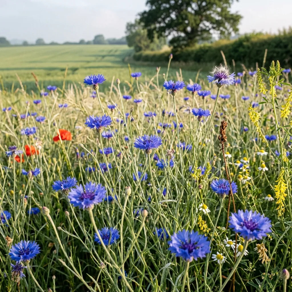 Bleuets (Centaurea cyanus) sauvages en bordure de champ — SemiSauvage