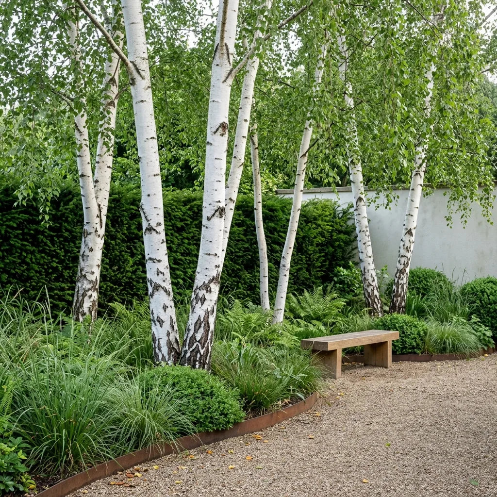 Bosquet de bouleaux blancs (Betula pendula) multitroncs dans un jardin contemporain — SemiSauvage