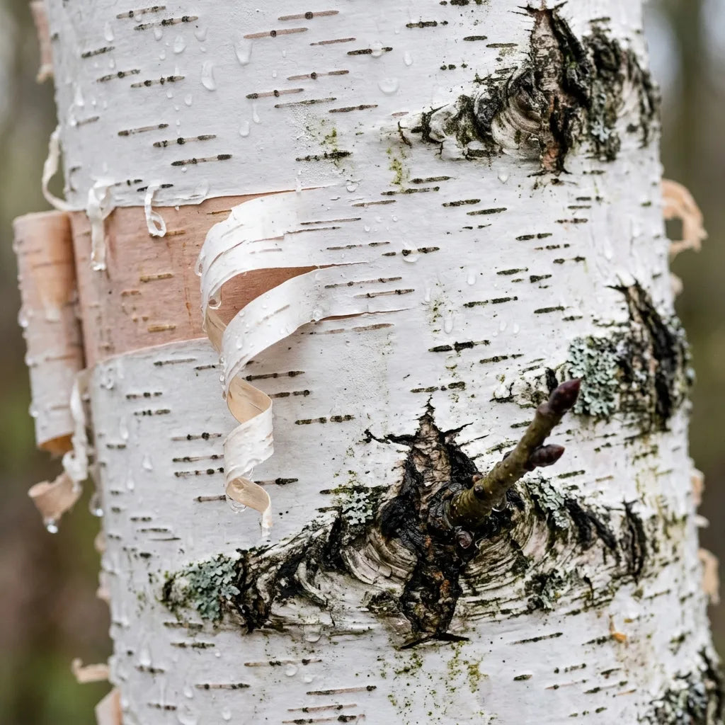 Écorce blanche à lenticelles du bouleau (Betula pendula) après la pluie — SemiSauvage