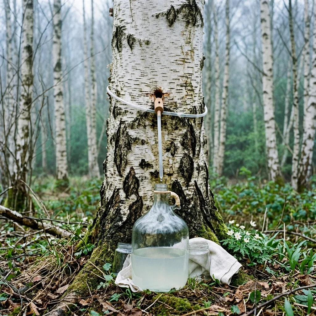 Récolte de la sève de bouleau (Betula pendula) au printemps — SemiSauvage