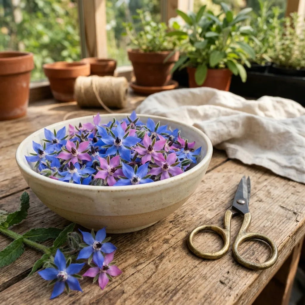 Fleurs de bourrache fraîchement cueillies dans une coupelle en céramique — SemiSauvage