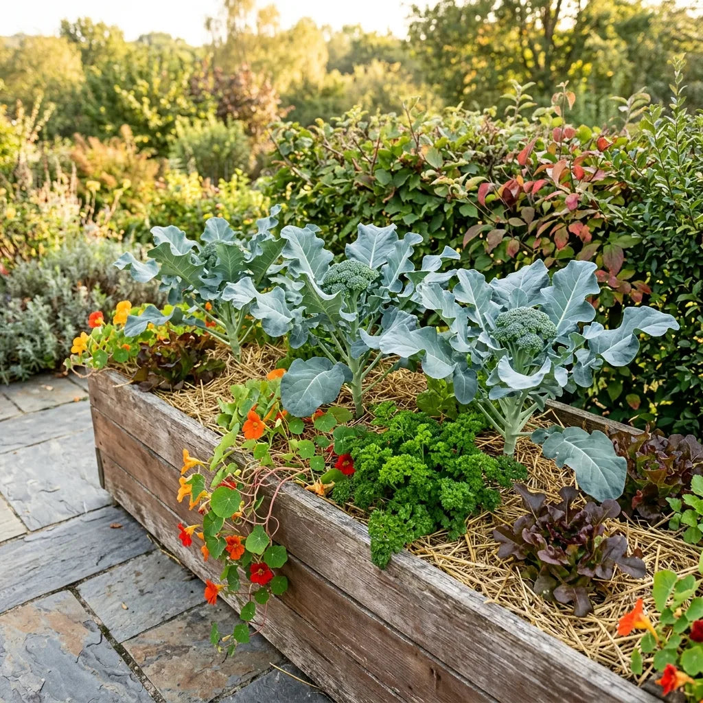 Brocolis cultivés dans un carré potager surélevé sur une terrasse dallée