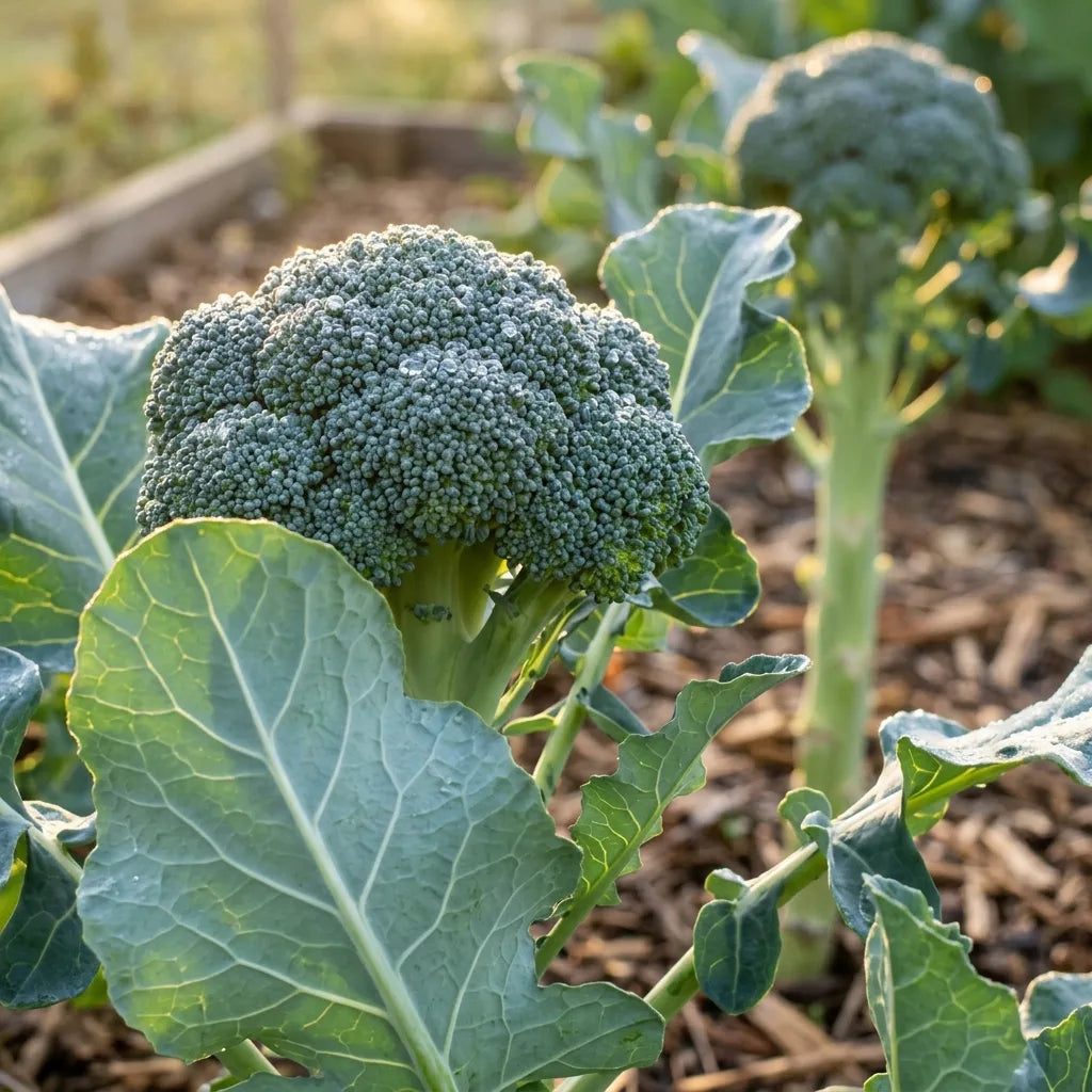 Tête de brocoli perlée de rosée à contre-jour au lever du soleil