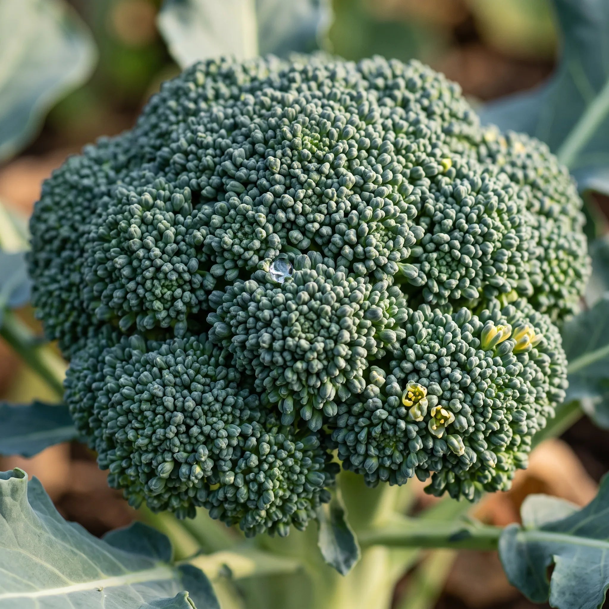 Macro de la tête de brocoli : bouquets de boutons floraux serrés vert bleuté