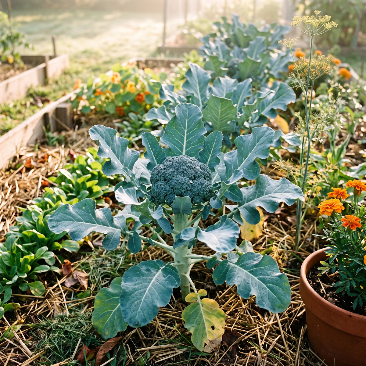 Pied de brocoli à maturité dans un potager en permaculture au petit matin d'automne
