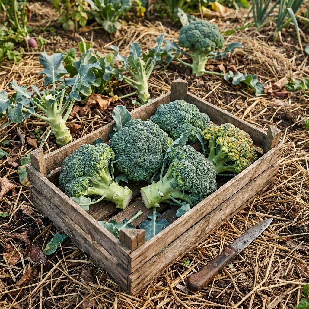 Récolte de têtes de brocoli en cagette de bois sur le sol paillé du potager