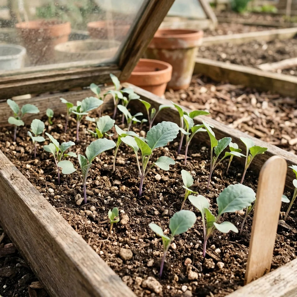 Jeunes plantules de brocoli en caissette de bois dans une couche froide vitrée