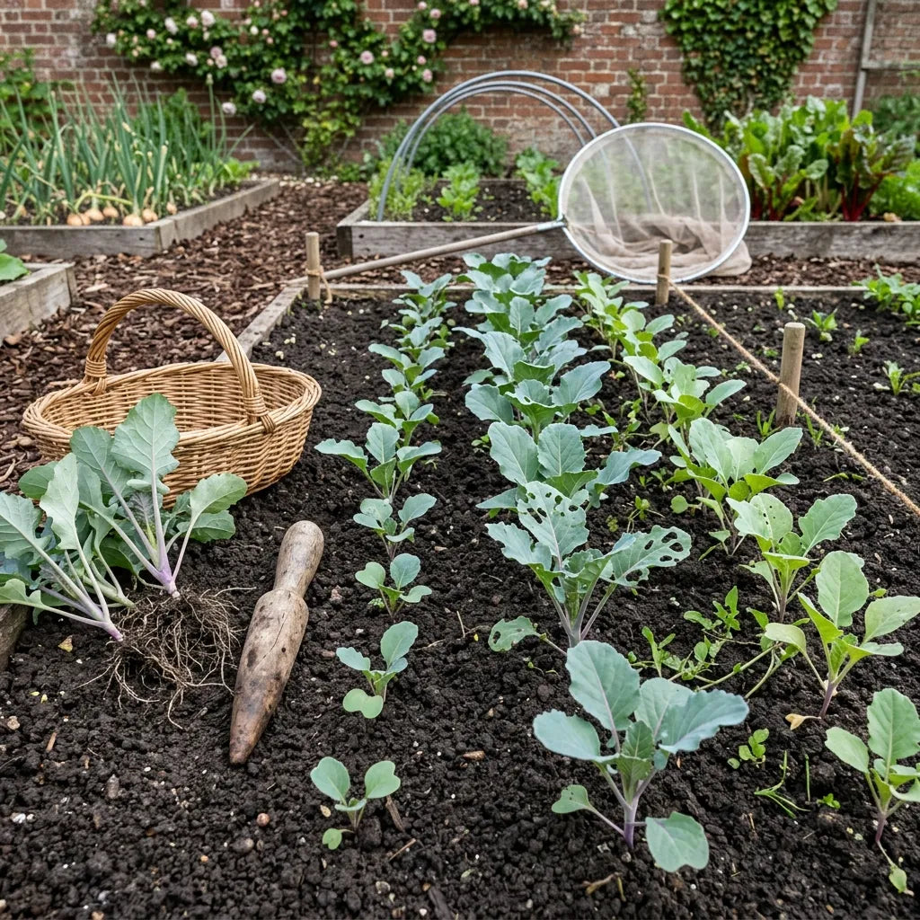 Jeunes plants de brocoli violet (Brassica oleracea var. italica) en pépinière de pleine terre — SemiSauvage