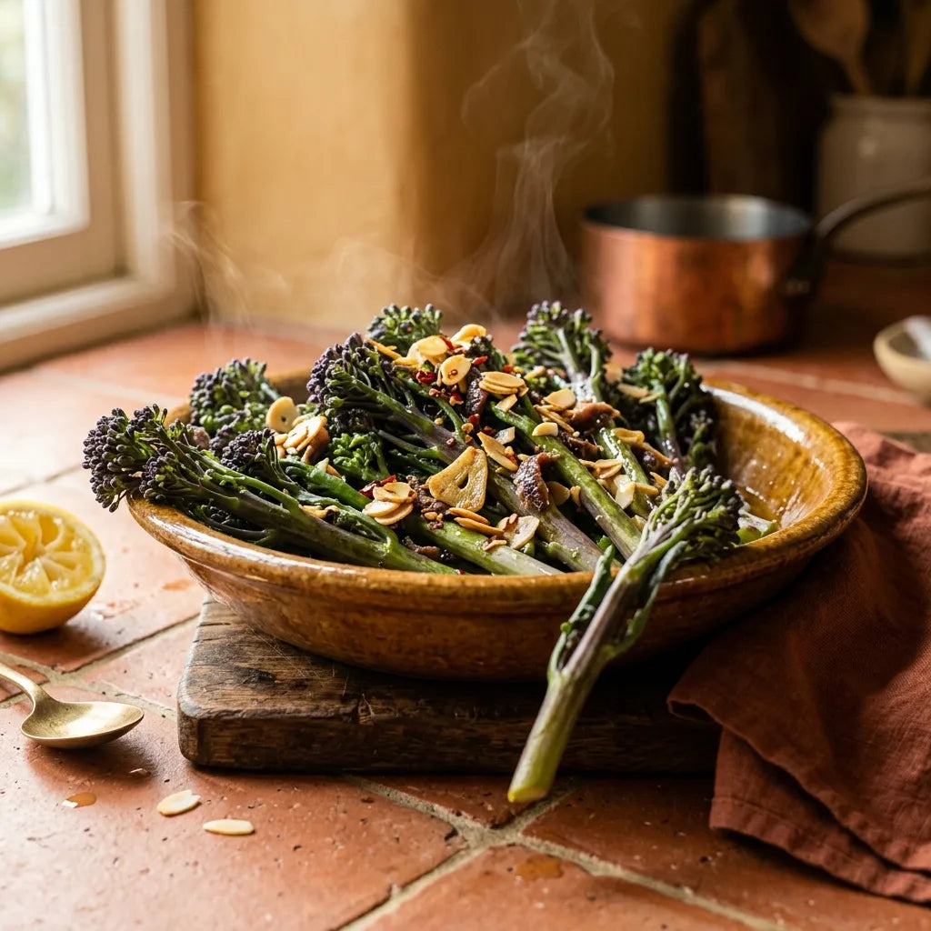 Brocoli violet (Brassica oleracea var. italica) poêlé à l'ail et aux amandes — SemiSauvage