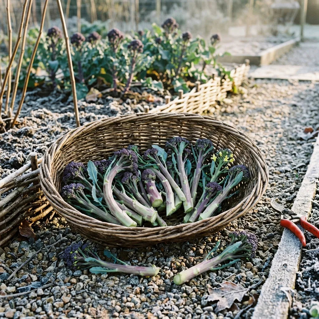 Récolte de jets de brocoli violet (Brassica oleracea var. italica) en panier — SemiSauvage