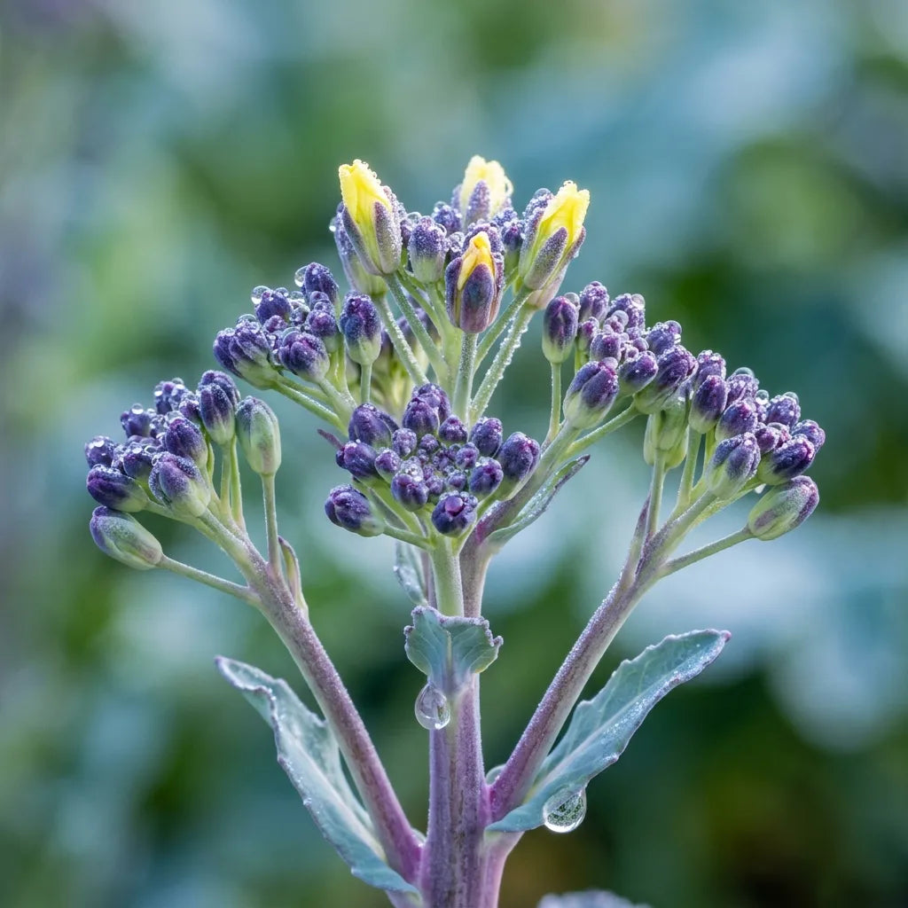 Tête de brocoli violet (Brassica oleracea var. italica) couverte de rosée — SemiSauvage