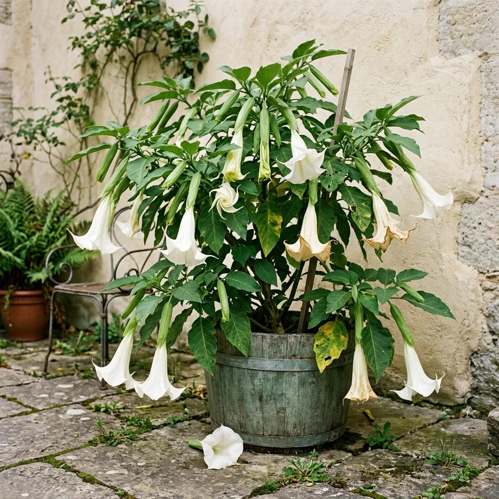 Brugmansia blanc cultivé en grand bac sur une terrasse dallée — SemiSauvage