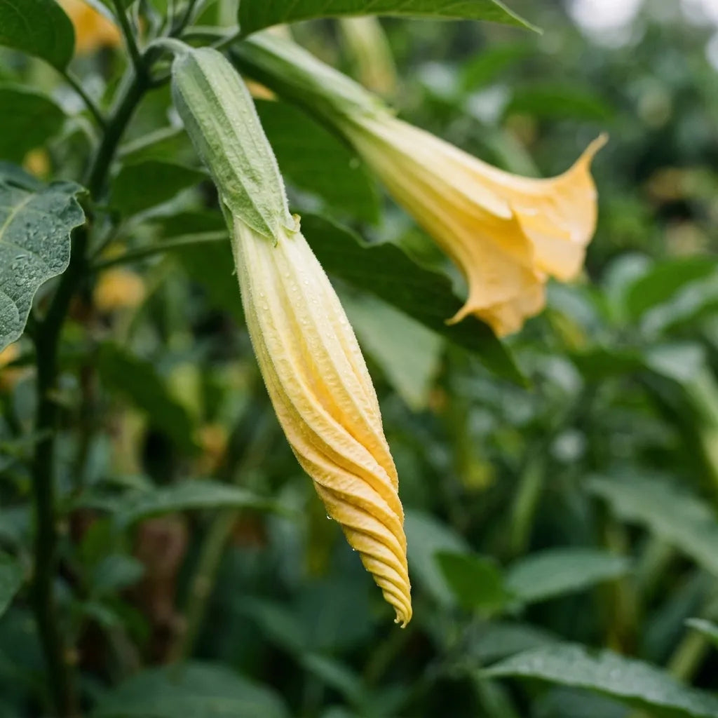 Bouton de Brugmansia enroulé en spirale avant l'ouverture, détail botanique — SemiSauvage