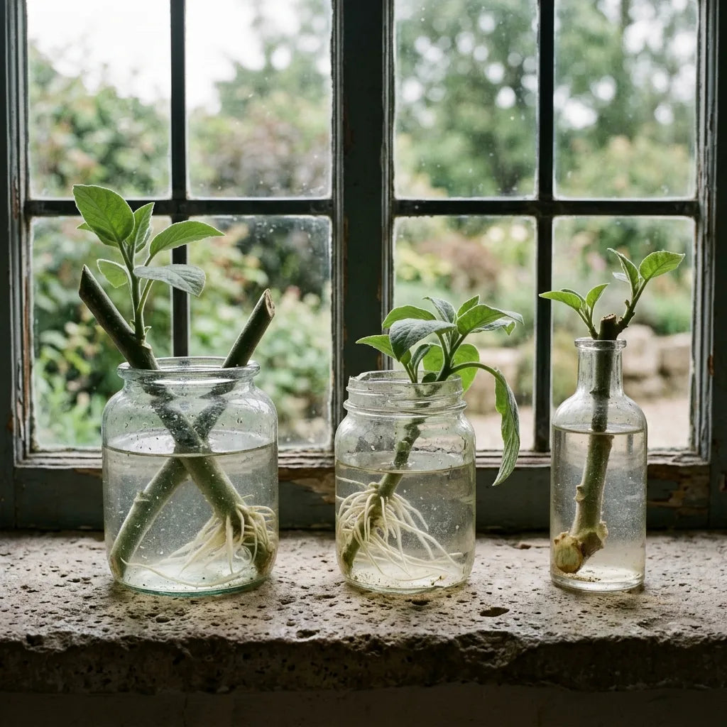 Boutures de Brugmansia en bocaux de verre, racines blanches visibles — SemiSauvage