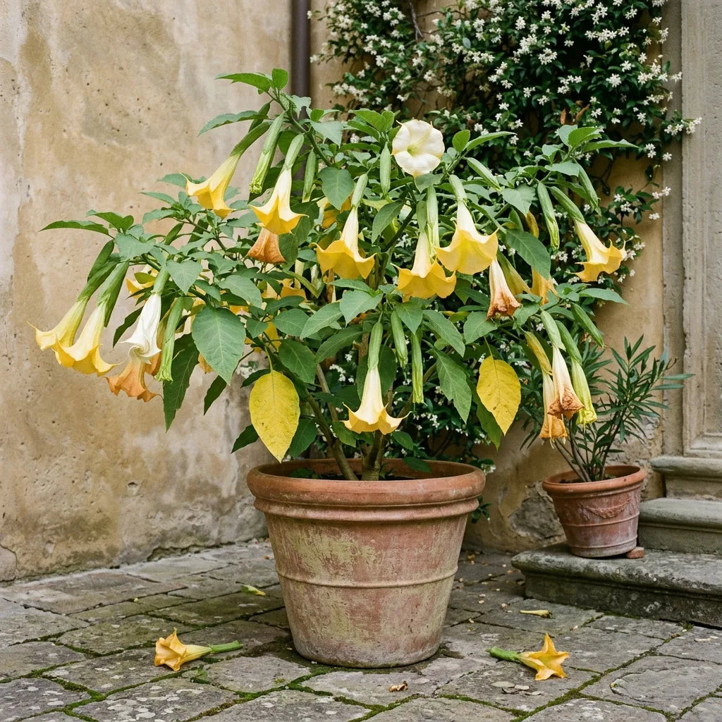 Brugmansia jaune en grand pot de terre cuite dans une cour pavée — SemiSauvage
