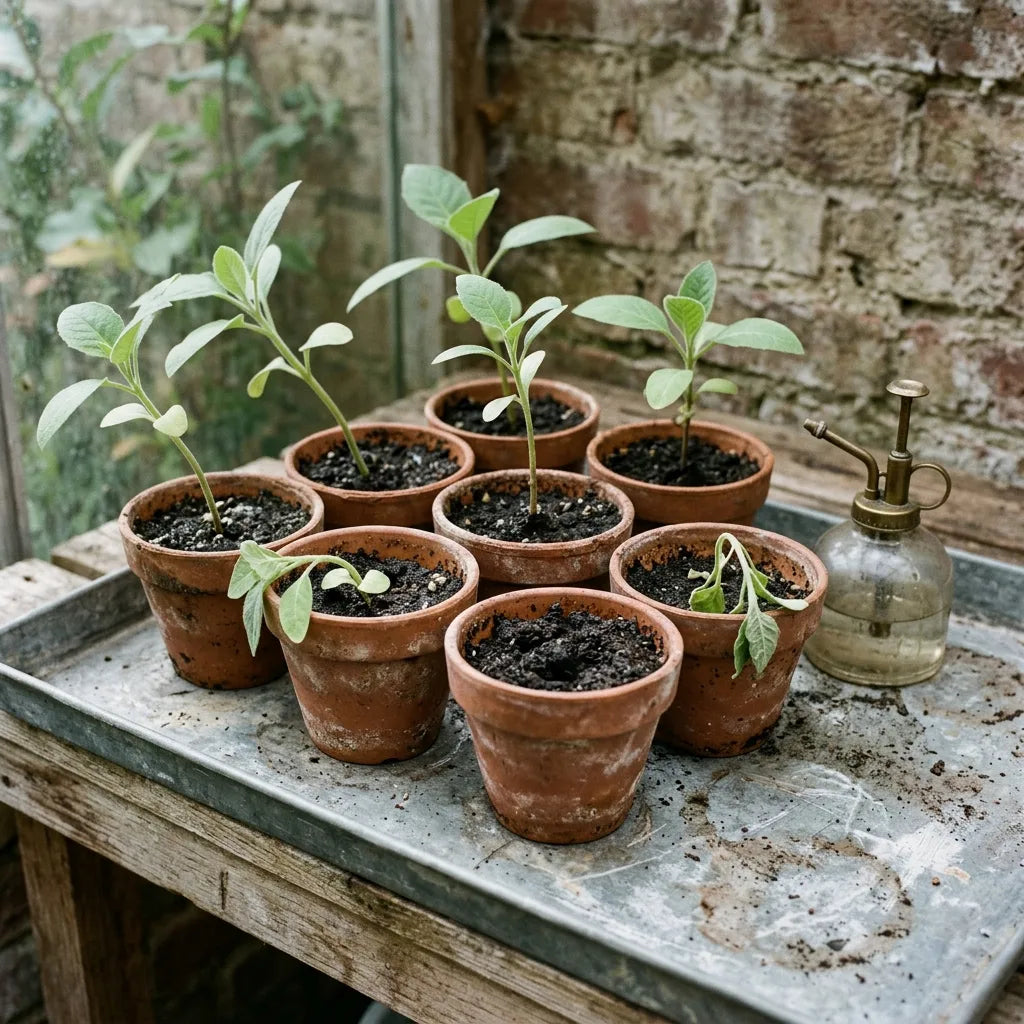Semis de Brugmansia en godets de terre cuite sur un plateau de zinc — SemiSauvage