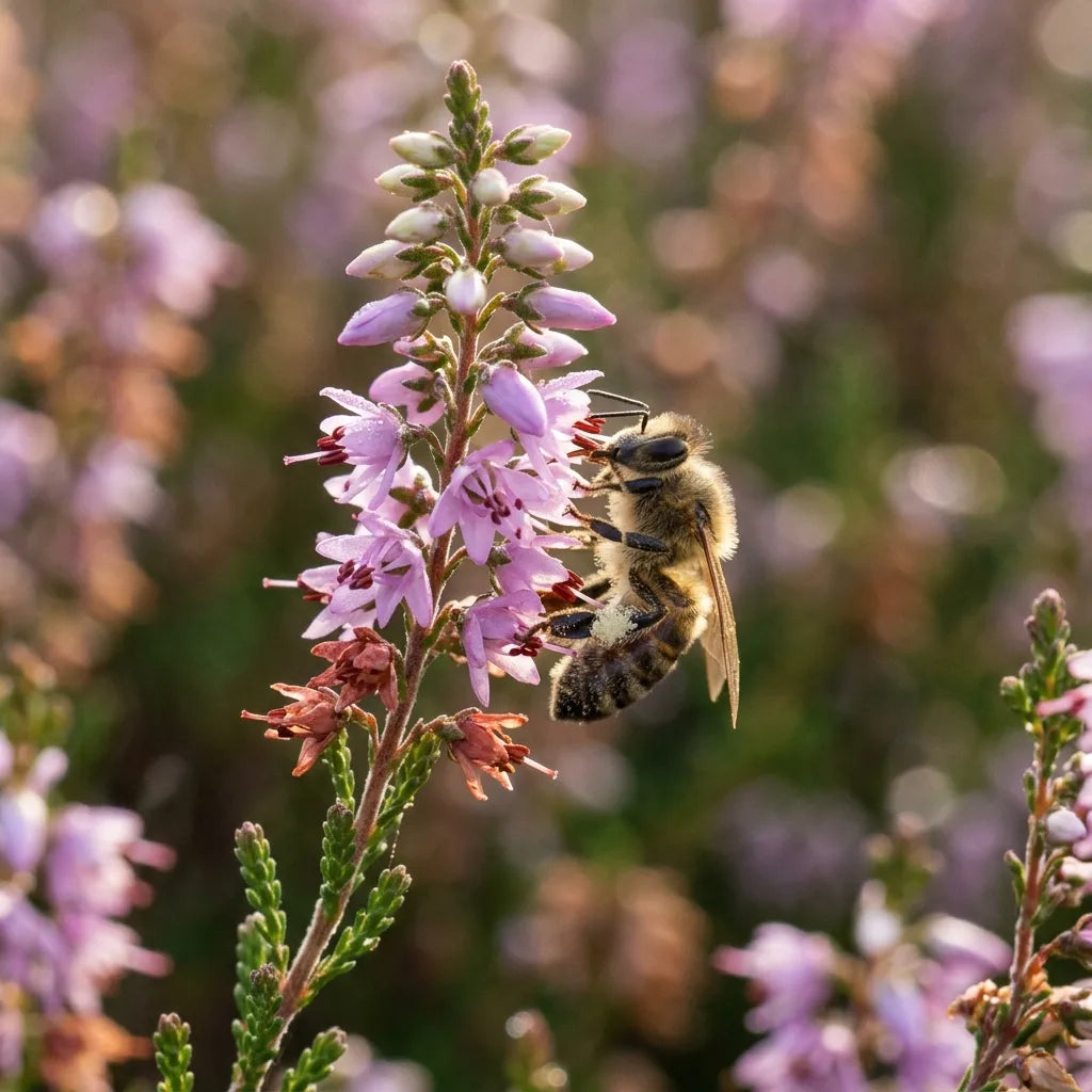 Abeille butinant les fleurs de bruyère commune (Calluna vulgaris) — SemiSauvage