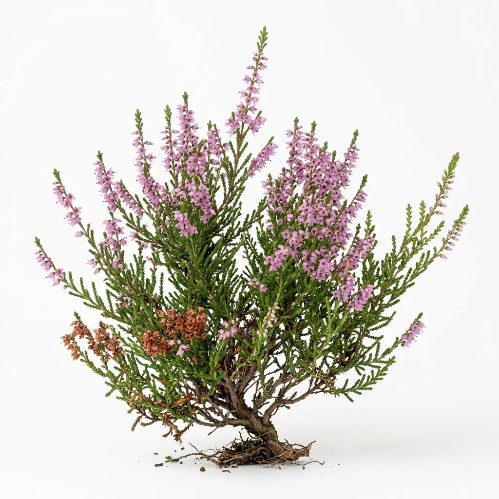 Pied fleuri de bruyère commune (Calluna vulgaris) sur fond blanc — SemiSauvage