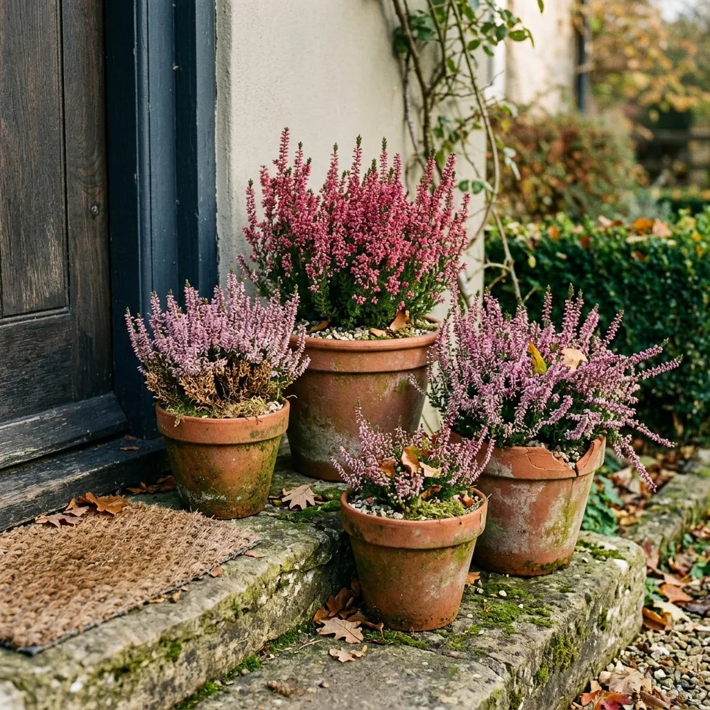 Bruyères communes (Calluna vulgaris) en pots de terre cuite sur un perron — SemiSauvage