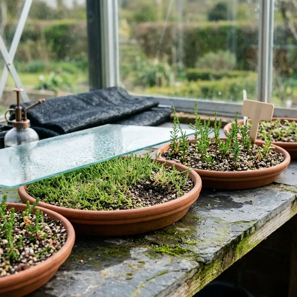 Semis de bruyère (Calluna vulgaris) en terrines sous verre — SemiSauvage