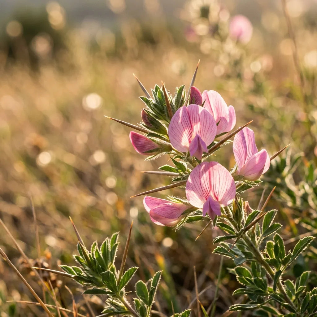 Fleurs et épines de bugrane à contre-jour au soleil couchant — SemiSauvage