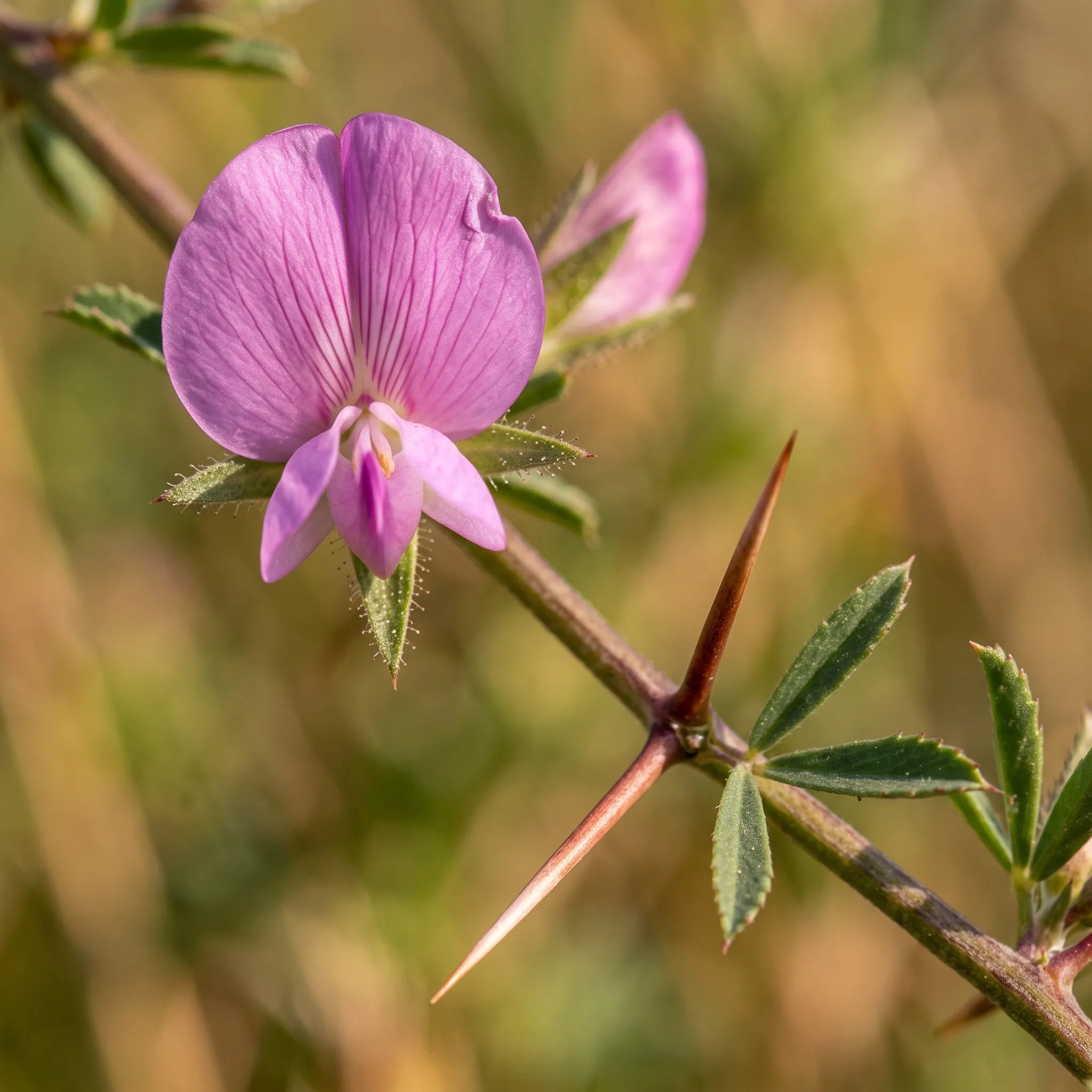 Macro d'une fleur papilionacée de bugrane et de ses épines géminées — SemiSauvage