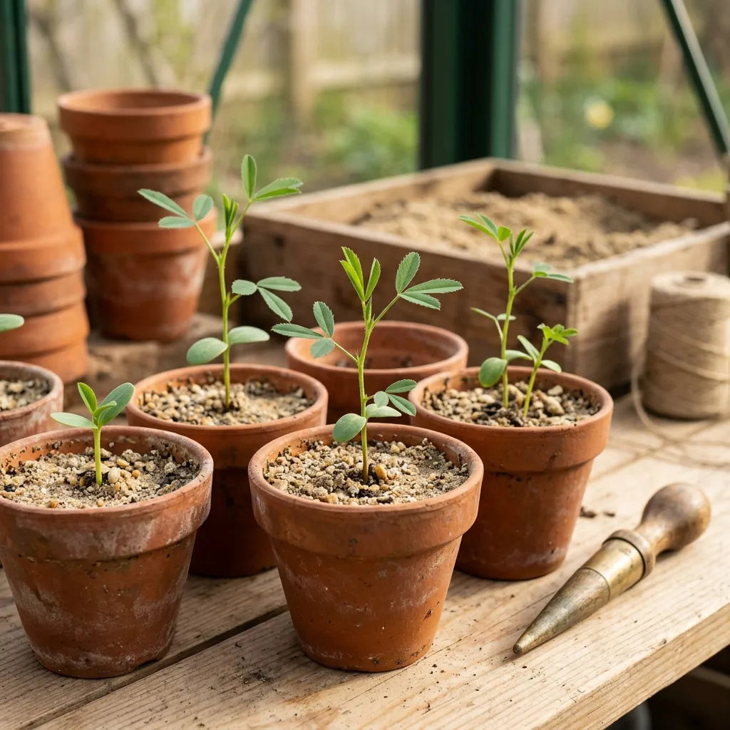 Jeunes plants de bugrane épineuse en godets de terre cuite — SemiSauvage