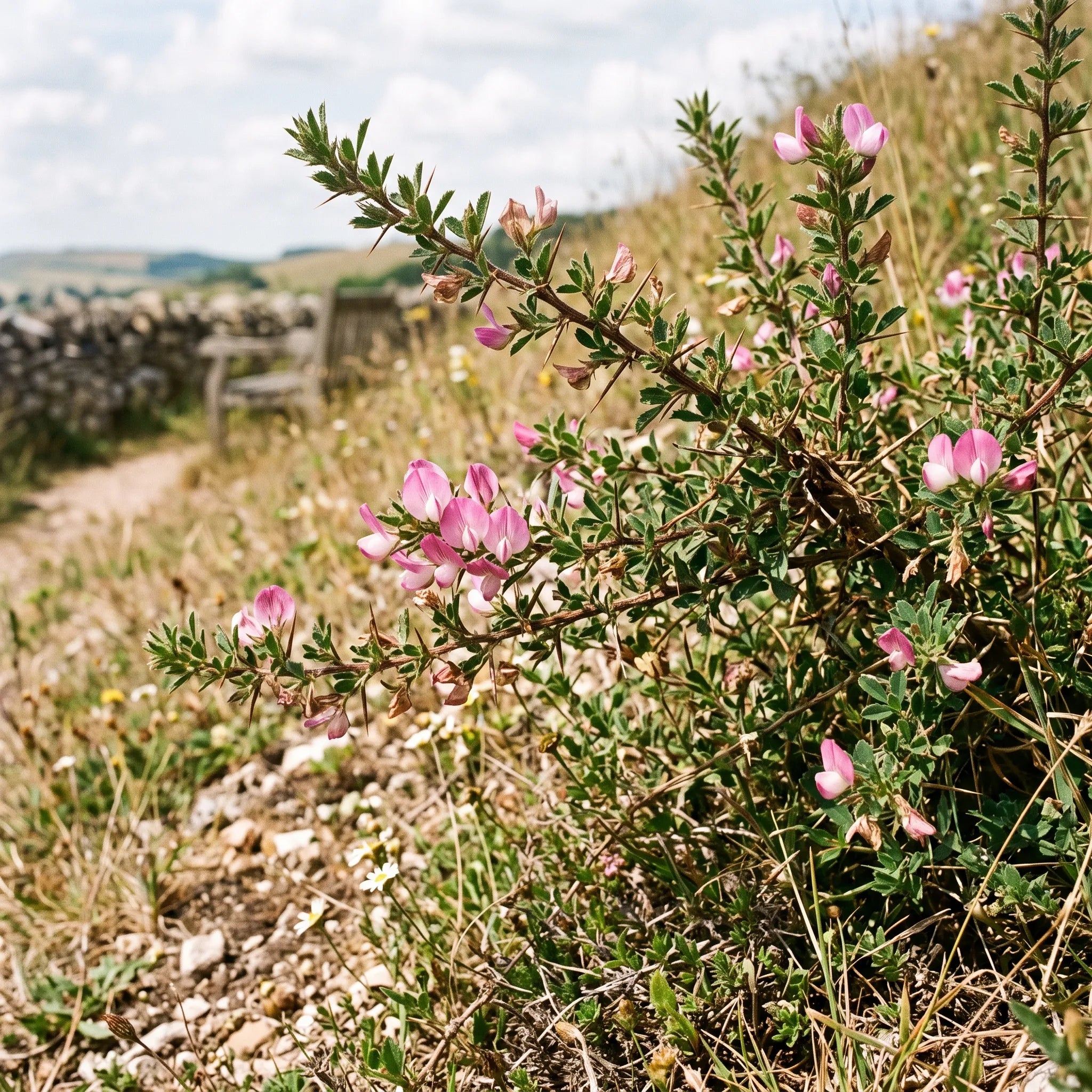 Touffe de bugrane épineuse en fleurs sur un talus de prairie sèche — SemiSauvage