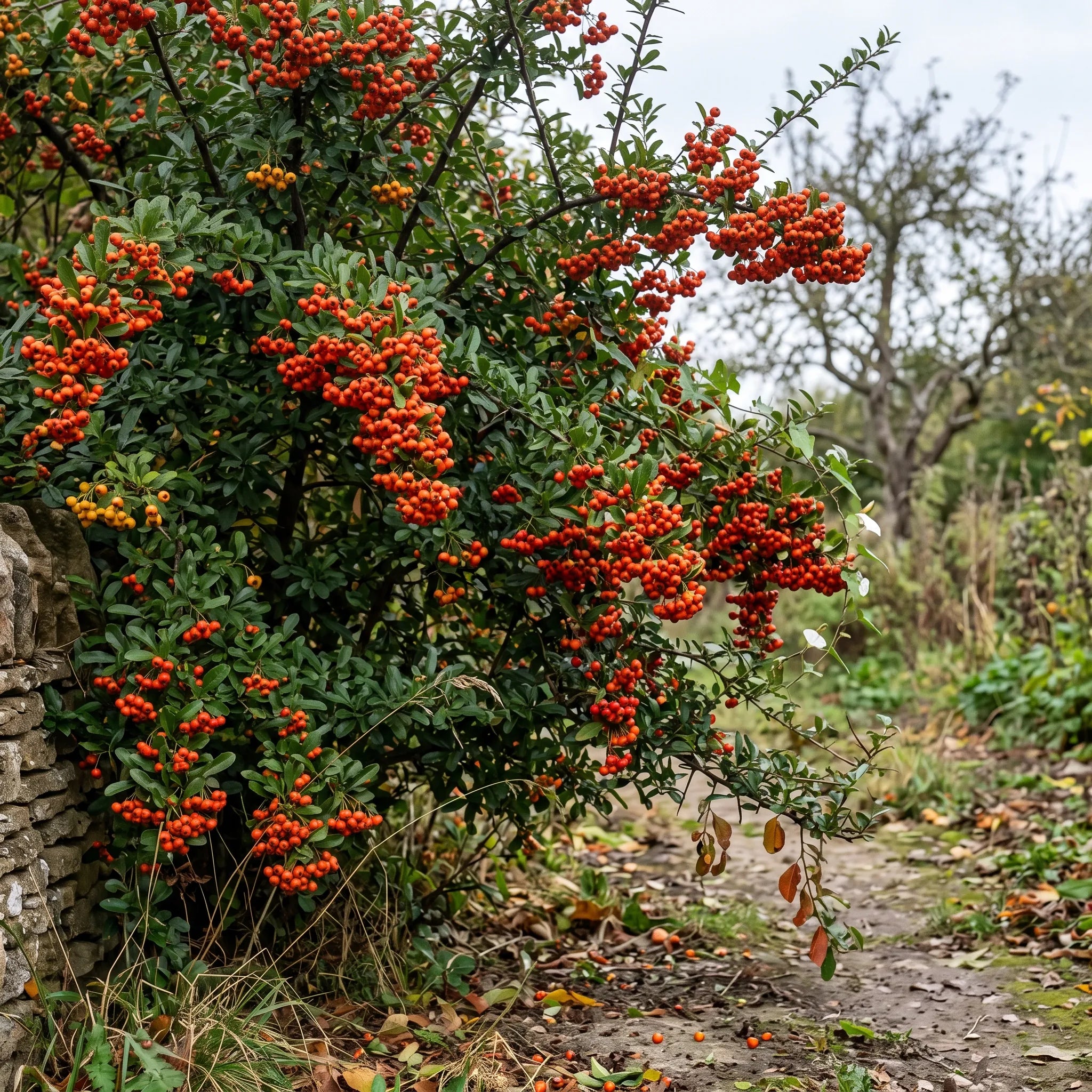 Buisson ardent adulte couvert de fruits orange en automne au bord d une allee de jardin