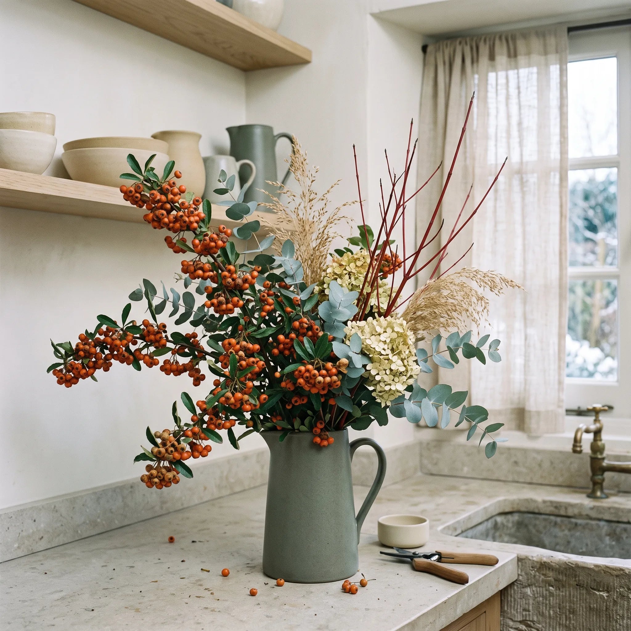 Bouquet d hiver compose de branches de buisson ardent, eucalyptus, graminees sechees et cornouiller rouge dans une cuisine artisanale