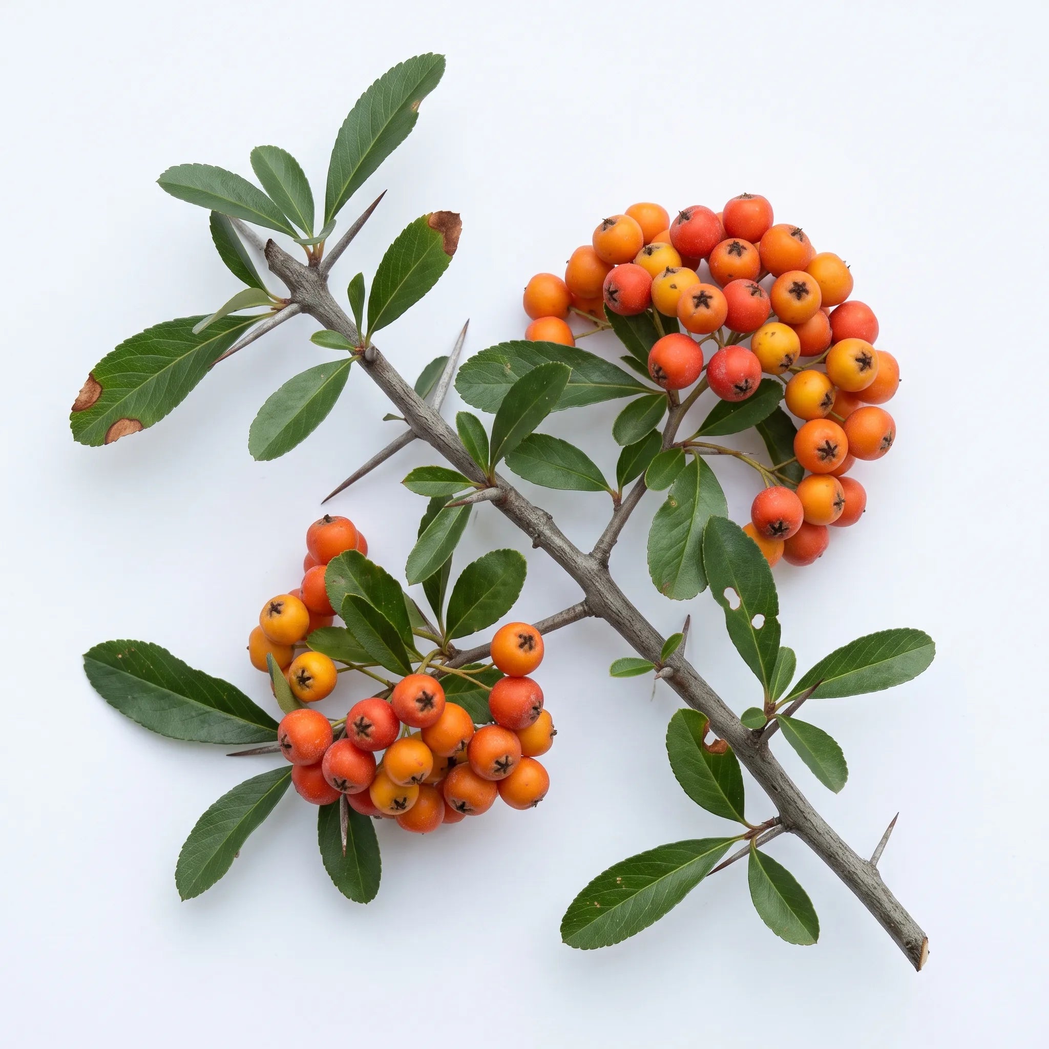 Rameau de buisson ardent Pyracantha coccinea sur fond blanc, corymbes de fruits orange et epines aigues