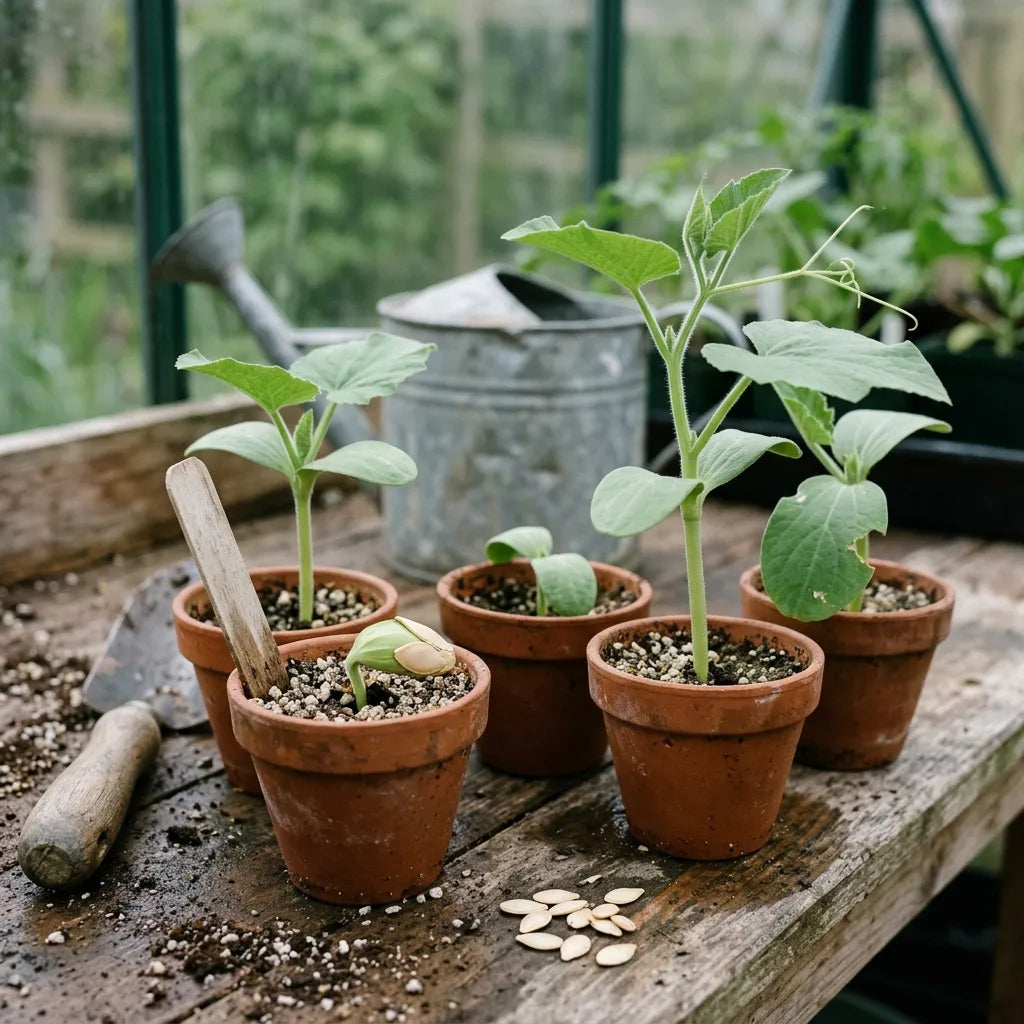 Jeunes semis de calebasse (Lagenaria siceraria) en godets de terre cuite — SemiSauvage