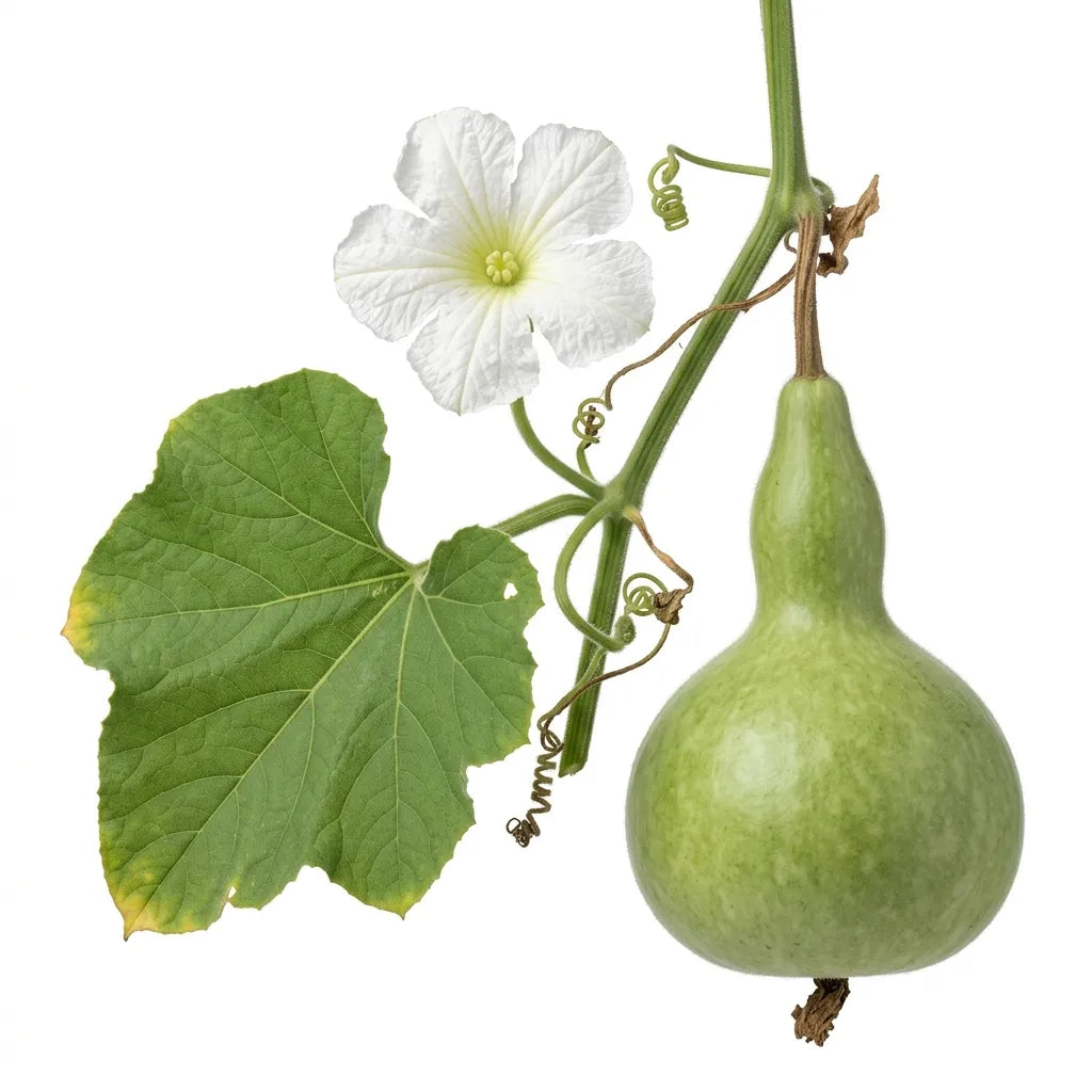 Calebasse (Lagenaria siceraria) avec feuille, vrille et fleur blanche, sur fond blanc — SemiSauvage